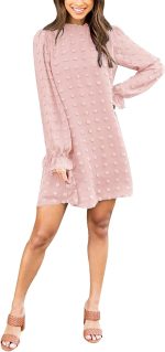 Adibosy Women's Dress Long Sleeve Swiss Dot Mini Dresses Round Neck Loose Chiffon Casual Short Dress